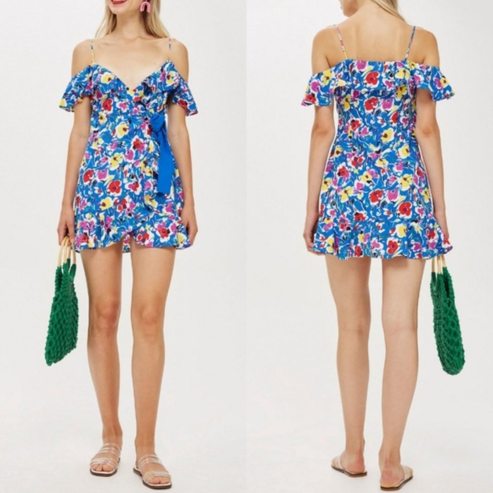 NWT {Topshop} Strappy Blue Floral Wrap Tie Mini Dress